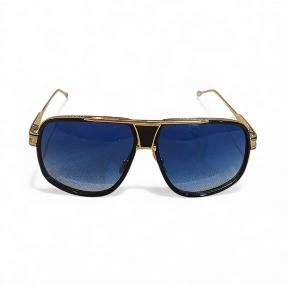 Street Knitted Men's Oversized Blue Lens Black & Gold Frame Sunglasses & Case - Picture 5 of 10
